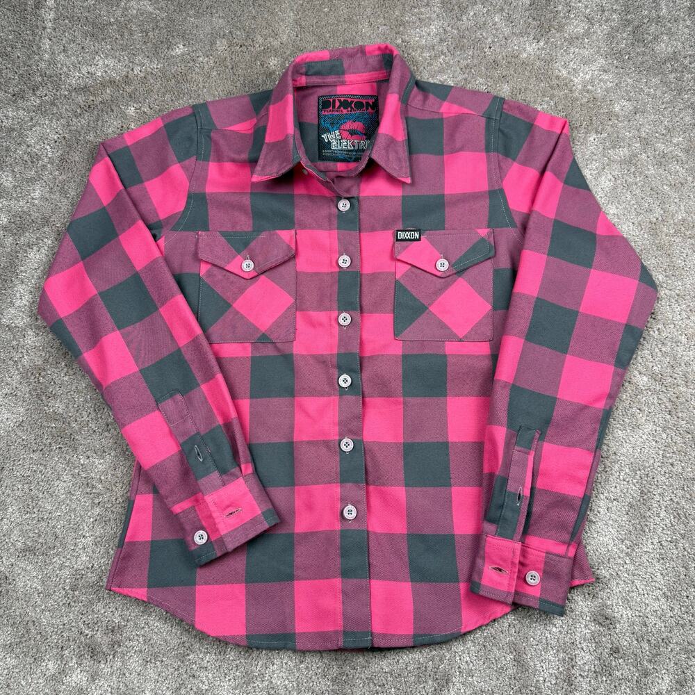 Dixxon Flannel Co. The Elektrik Shirt Pink Black Plaid Button Down Size S Women